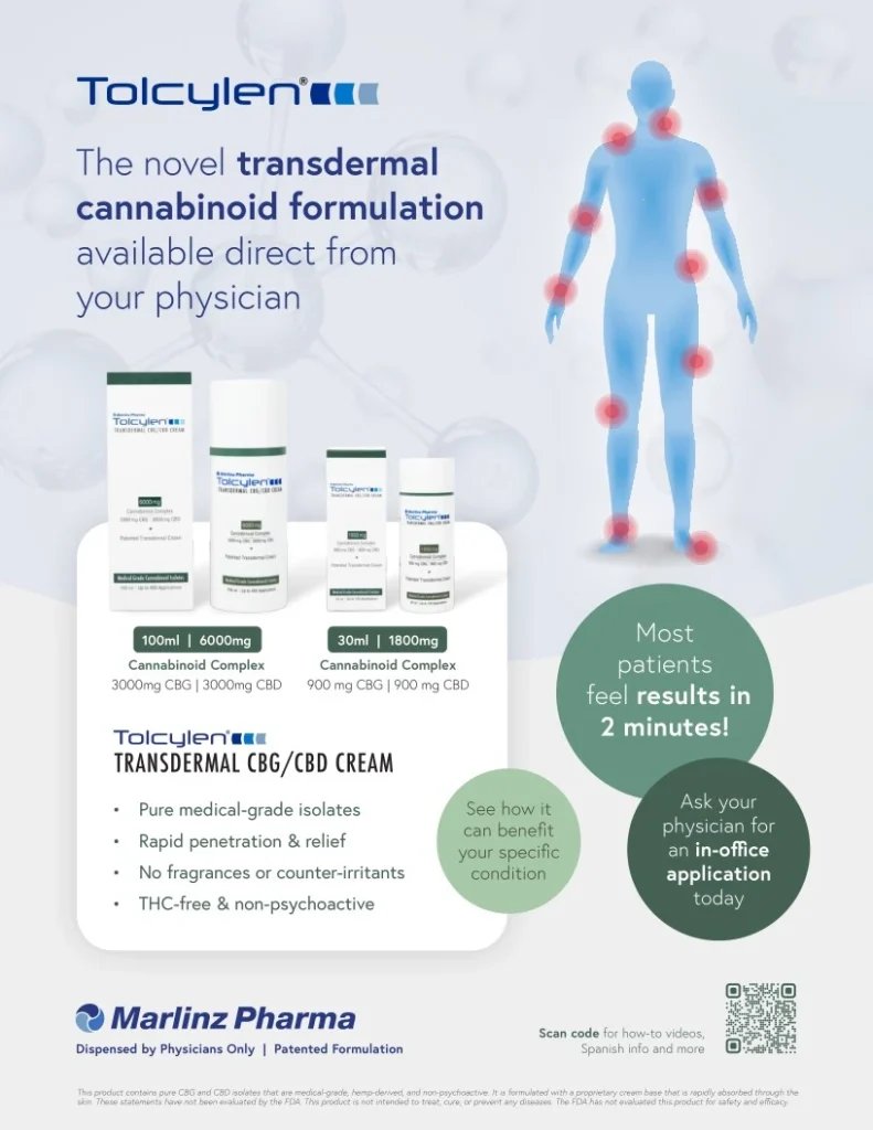 tolcylen transdermal cbg cbd cream product and flyer showing pain relief benefits at goldberg podiatry center